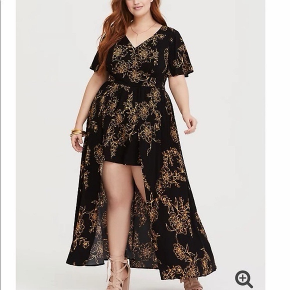 NWT Torrid Black and Gold Floral Maxi Overskirt Romper - Size 22
